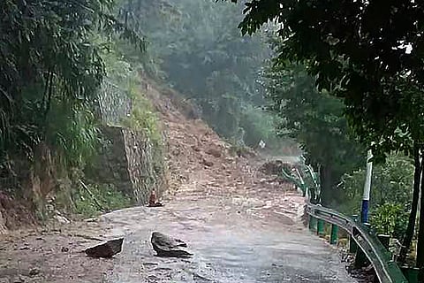 Landslide blocks a road in Nanyue District